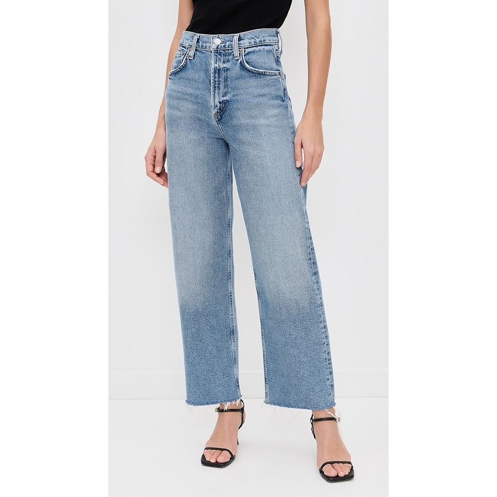 Anine Bing Women's High Rise Premium Denim Jeans Button Fly Straight Leg Raw Hem